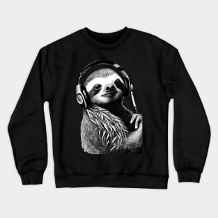 Sloth Drawing in Black and White Listening to Music Crewneck Sweatshirt